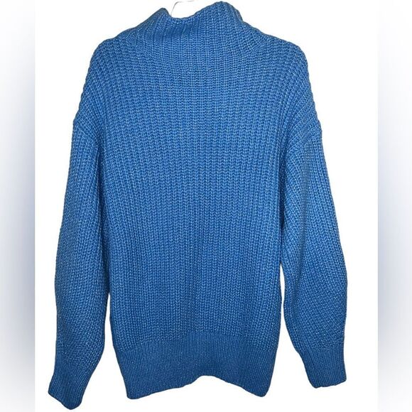 Alfani Blue/Silver Long Sleeve Boho Chunky Knit Mock-Neck Metallic Sweater - Picture 3 of 10